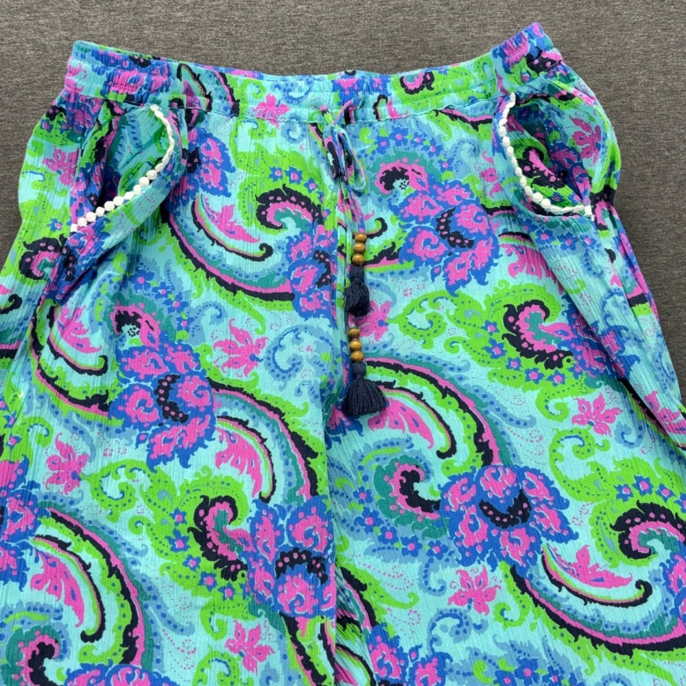 Talbots Pants Womens XL Aqua Paisley Capri Drawstring Tassel Pom Hem 100% Cotton - Picture 7 of 12